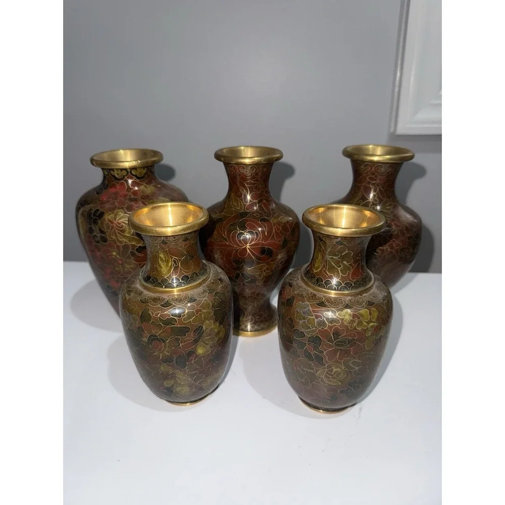 VTG CHINESE CLOISONNE Vase Floral Brown Enamel On Brass MCM‎ SET OF 6
